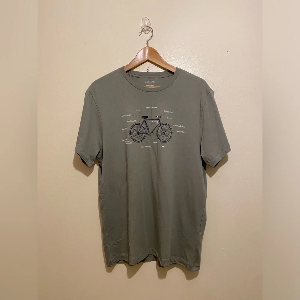 J.Crew Olive Green Men's T-Shirt with Bicycle Print. Size M